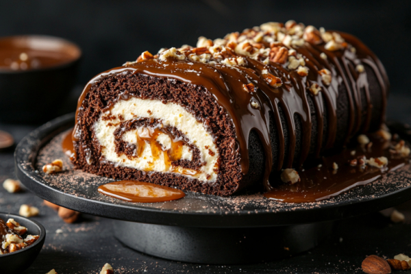 Этот рулет покорит всех: шоколад, соленая карамель, хруст орехов. Выглядит эффектно, а готовится просто
